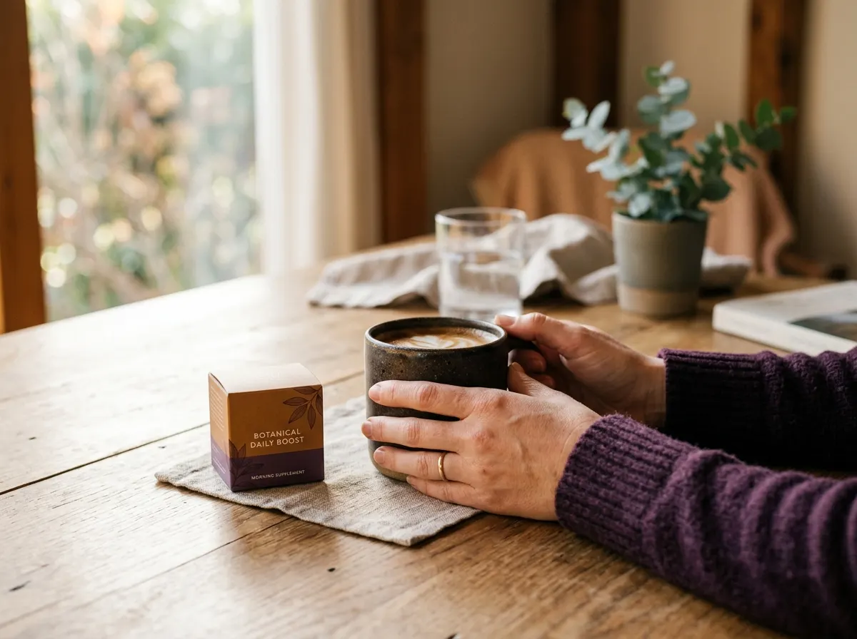 Hands holding a warm mug with Slim Coffee Booster supplement - everyday wellness coffee ritual